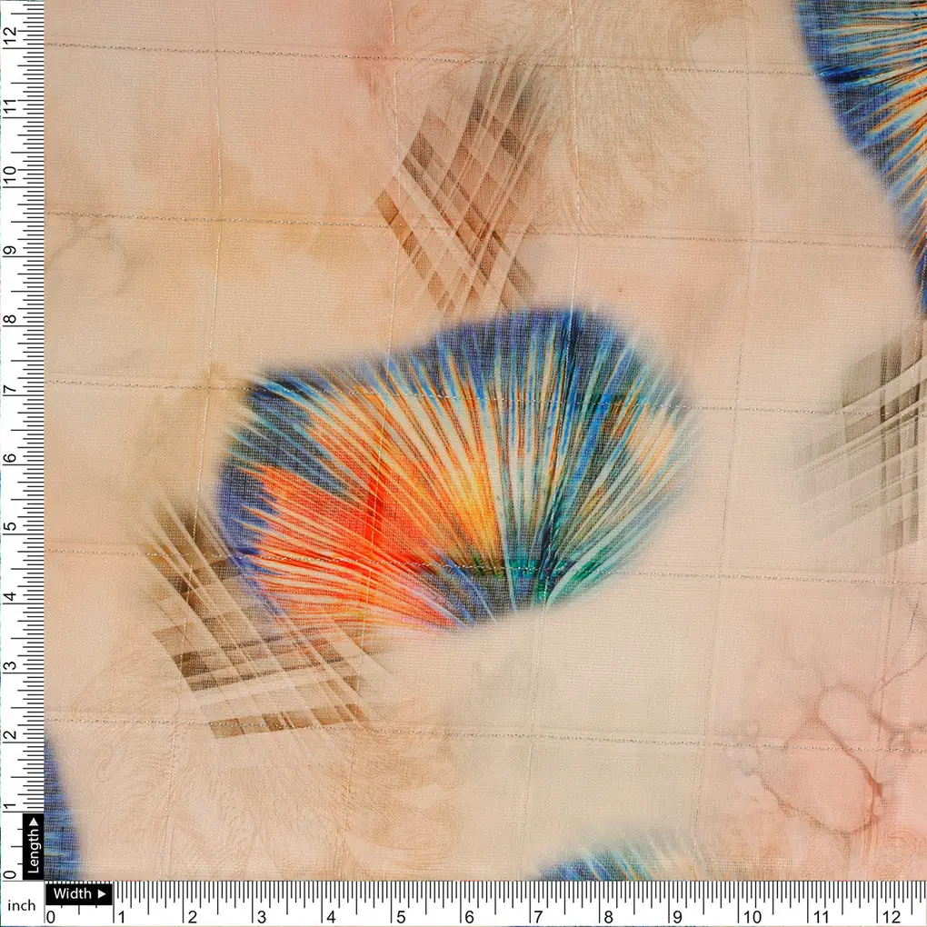 FAB VOGUE Studio Linen Digital Printed Fabric - Peach & Blue Feather - Image 4
