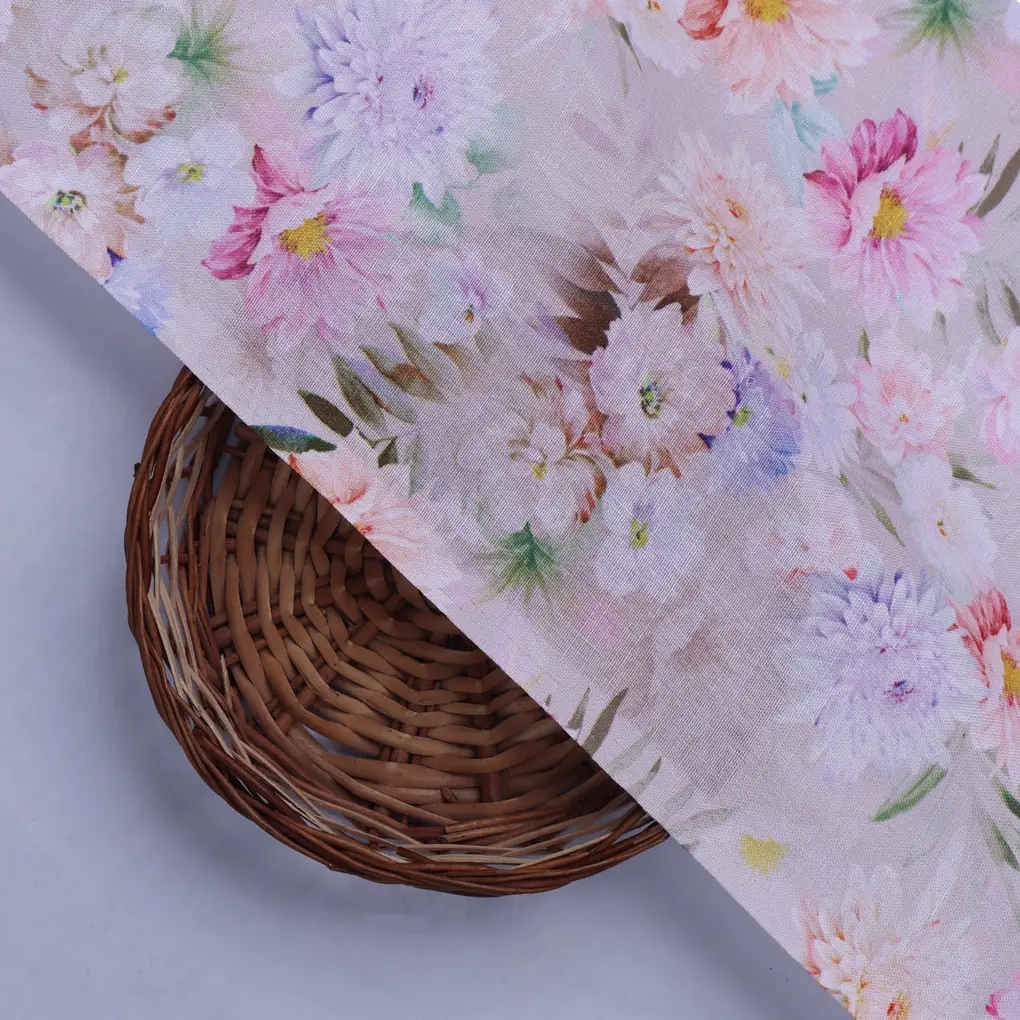 Linen Fabric with Pink and Purple Floral Print - Image 2