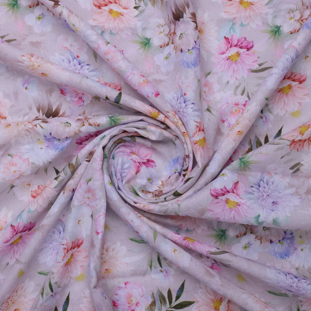 Linen Fabric with Pink and Purple Floral Print - Image 3