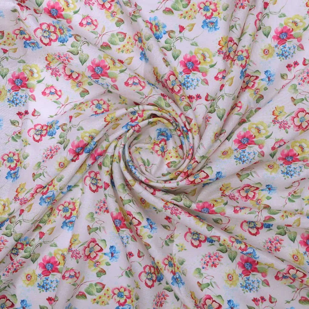 Linen Fabric with Pink, Blue and Yellow Floral Print - Image 3