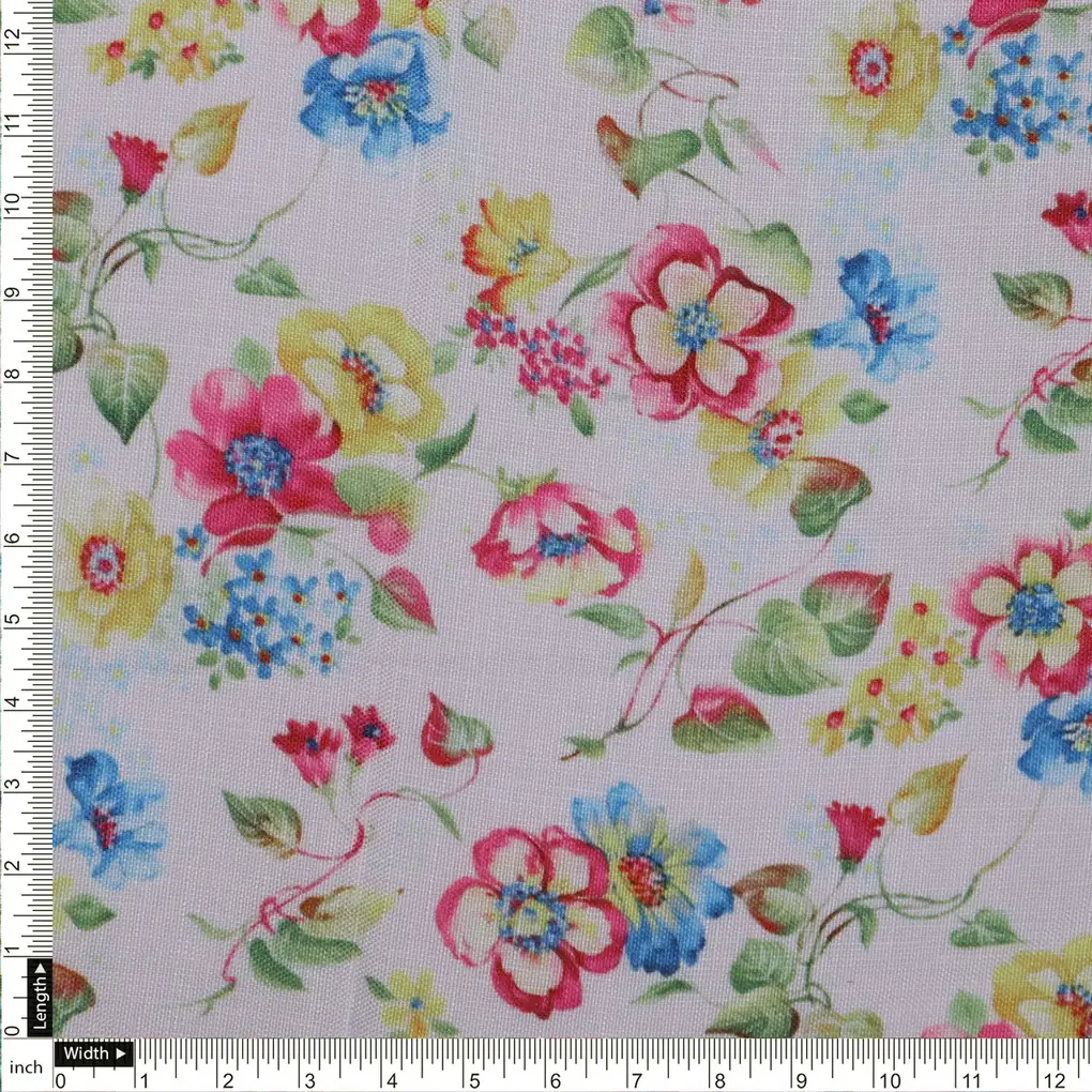 Linen Fabric with Pink, Blue and Yellow Floral Print - Image 4