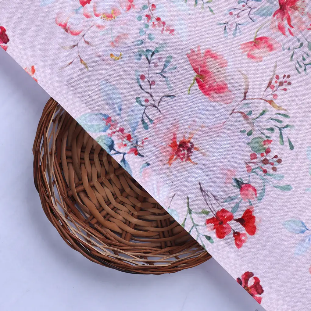 Linen Fabric with Pink Floral Print - Image 2