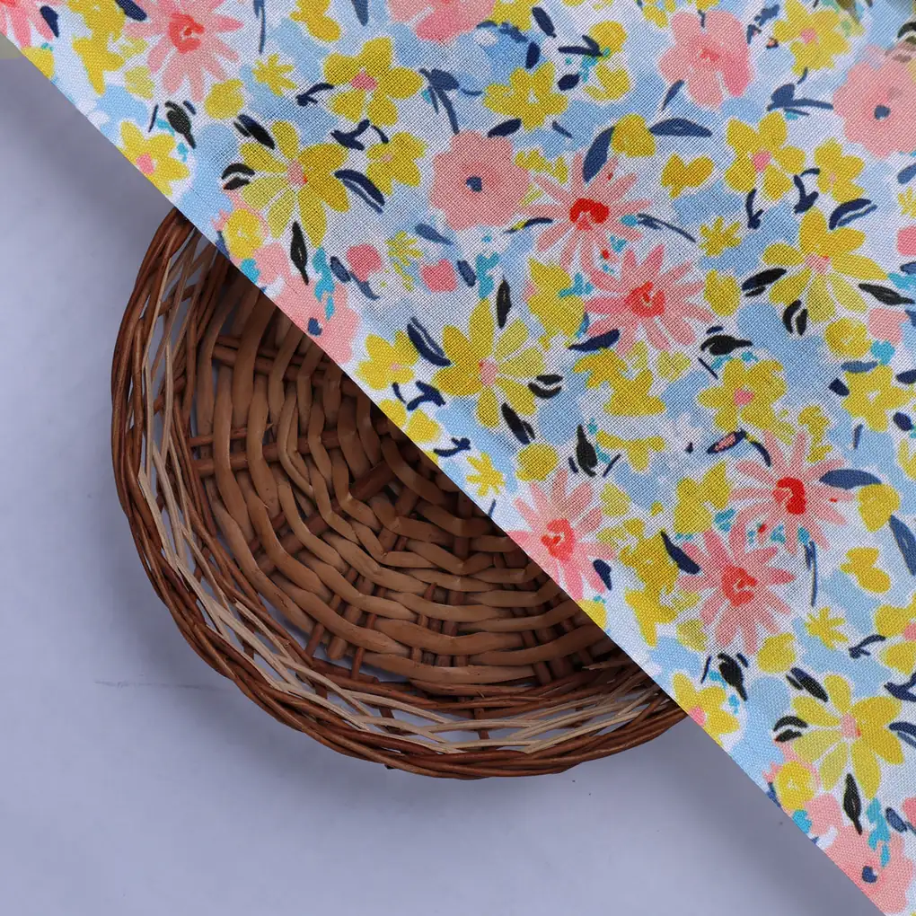 Linen Fabric with Pink, Yellow and Blue Floral Print - Image 2