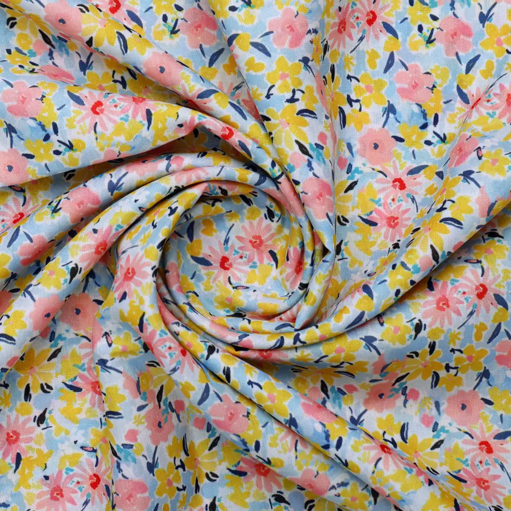 Linen Fabric with Pink, Yellow and Blue Floral Print - Image 3