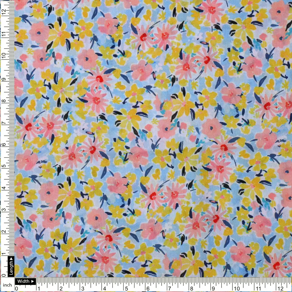 Linen Fabric with Pink, Yellow and Blue Floral Print - Image 4