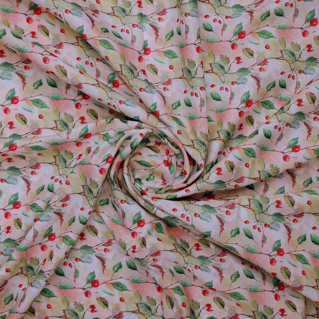 Linen Fabric with Red Berries and Leaves Print - Image 3