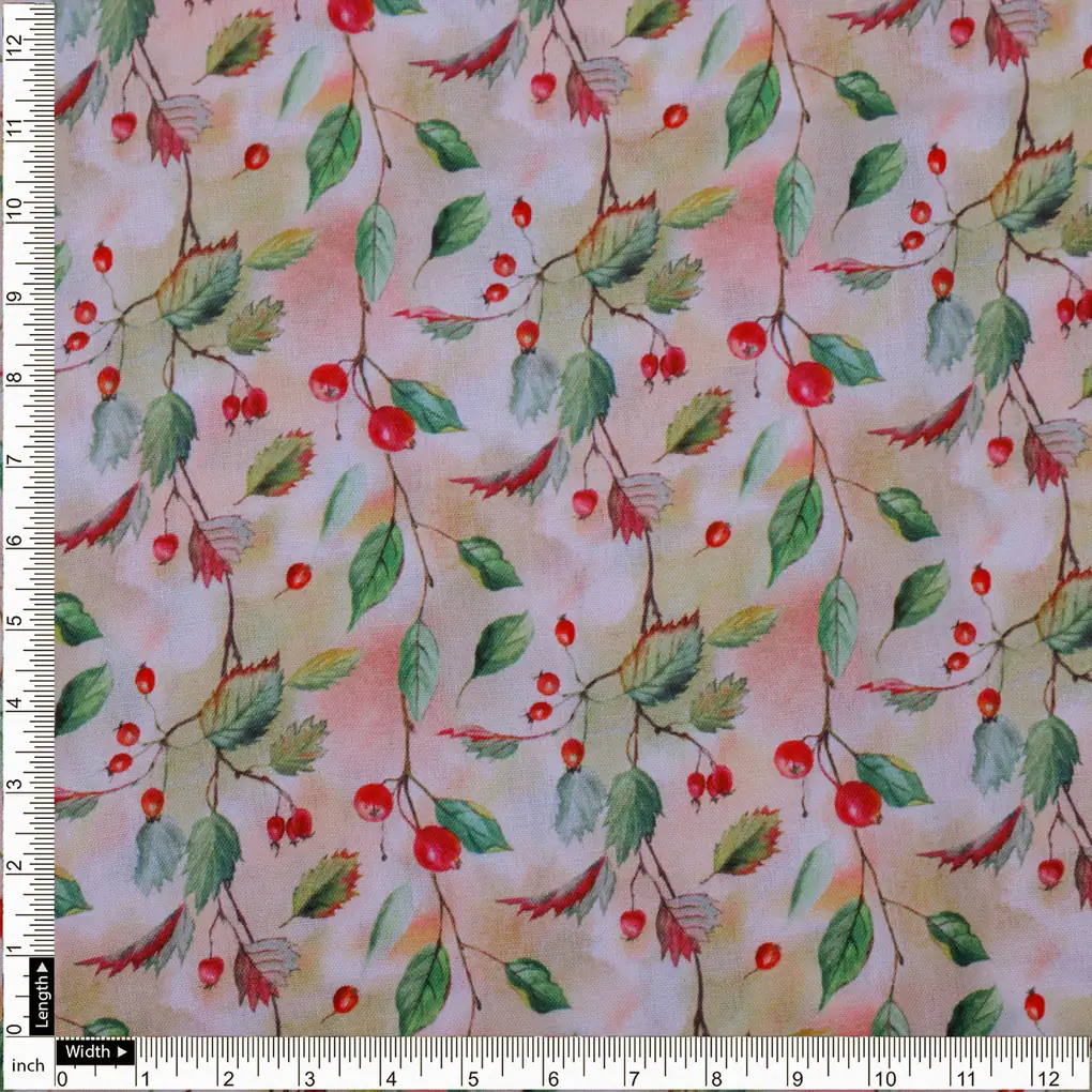 Linen Fabric with Red Berries and Leaves Print - Image 4