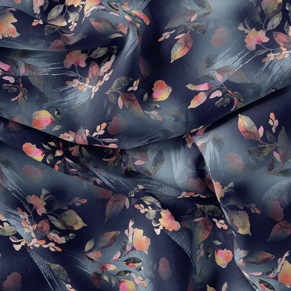 Little Leaves Petals With Blue background Digital Printed Fabric - Image 4