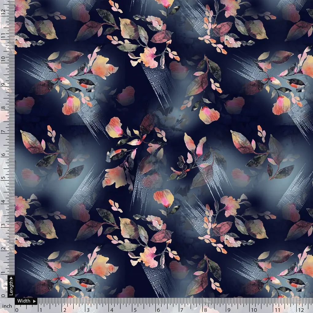 Little Leaves Petals With Blue background Digital Printed Fabric - Japan Satin - Image 5