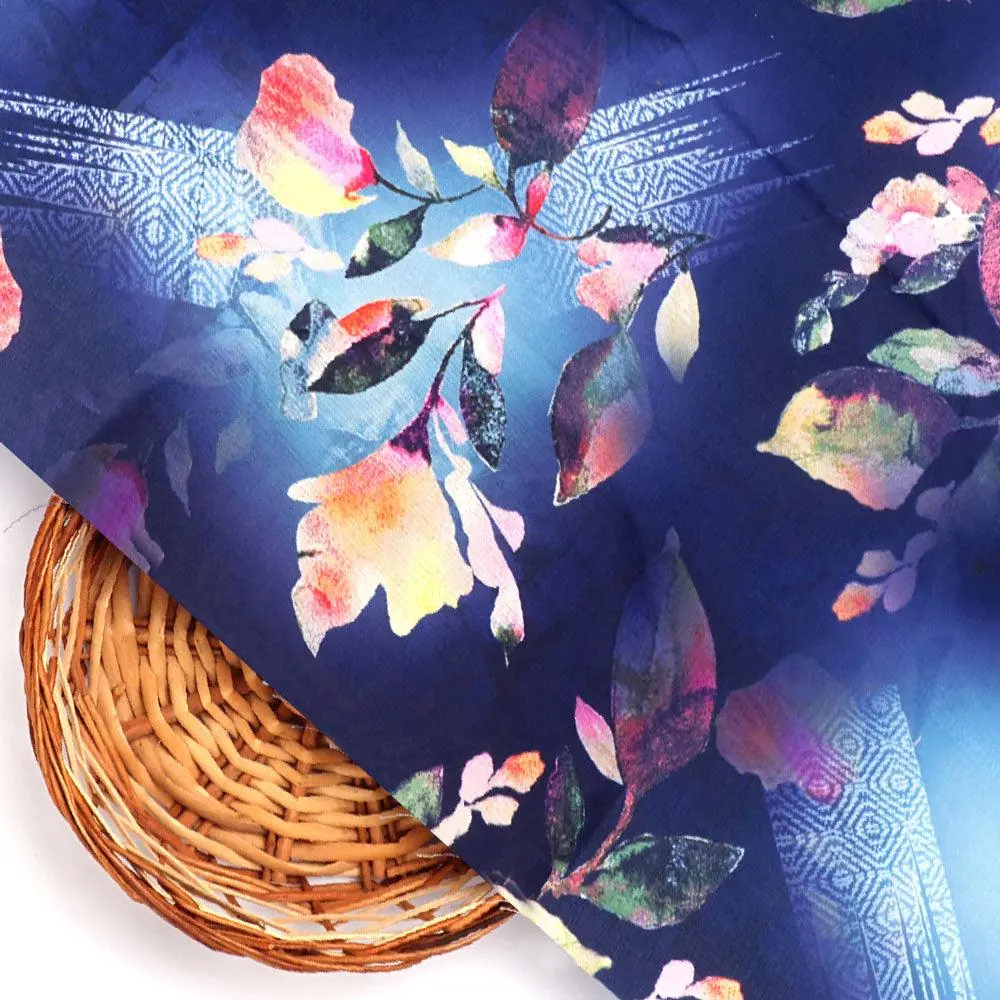 Little Leaves Petals With Blue background Digital Printed Fabric - Kora Silk - Image 2