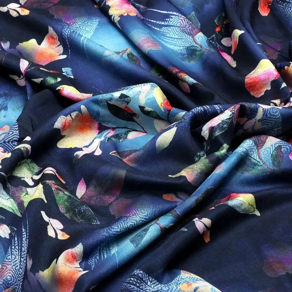 Little Leaves Petals With Blue background Digital Printed Fabric - Kora Silk - Image 3