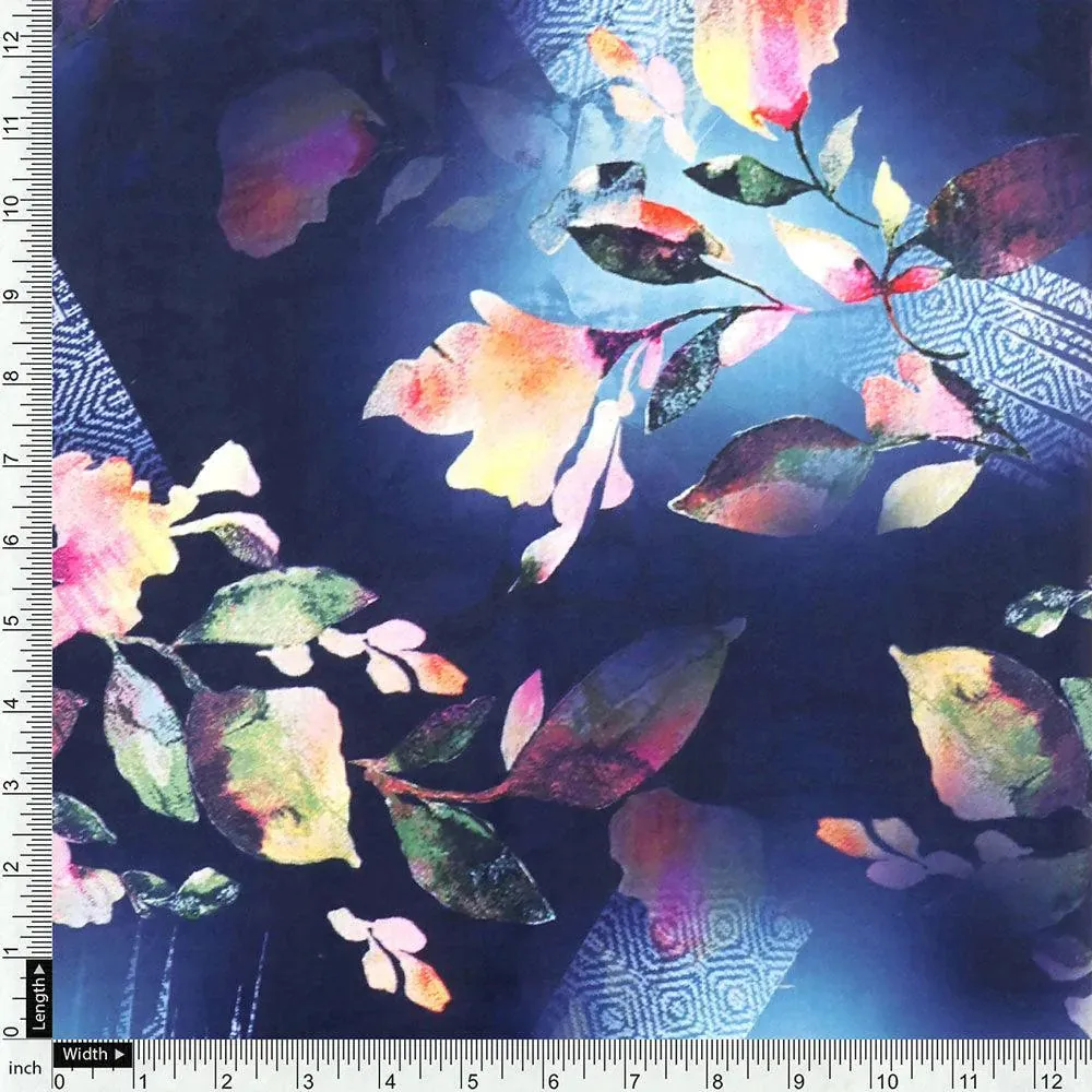 Little Leaves Petals With Blue background Digital Printed Fabric - Kora Silk - Image 4