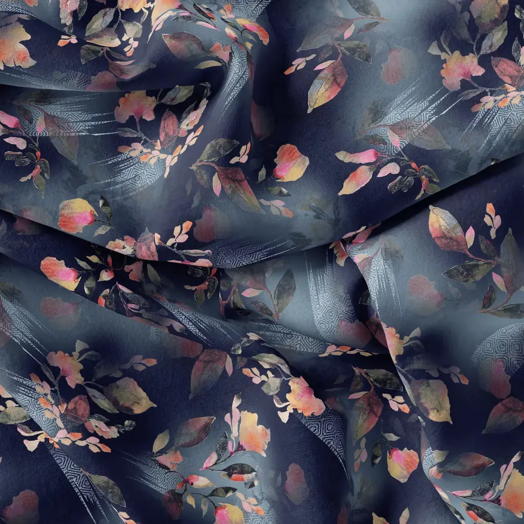 Little Leaves Petals With Blue background Digital Printed Fabric - Weightless - Image 4