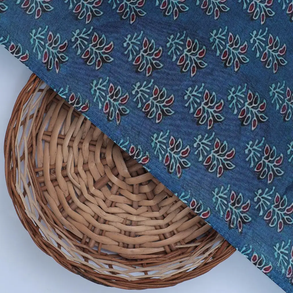 Lovely Blue Port Tree Leaves Digital Printed Fabric - Pure Muslin - Image 2