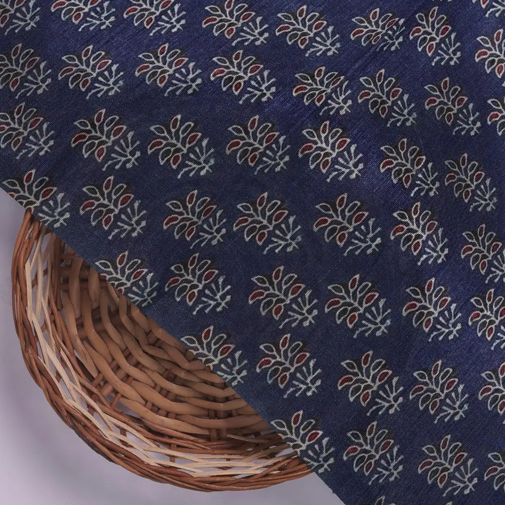 Lovely Blue Port Tree Leaves Digital Printed Fabric - Tusser Silk - Image 2