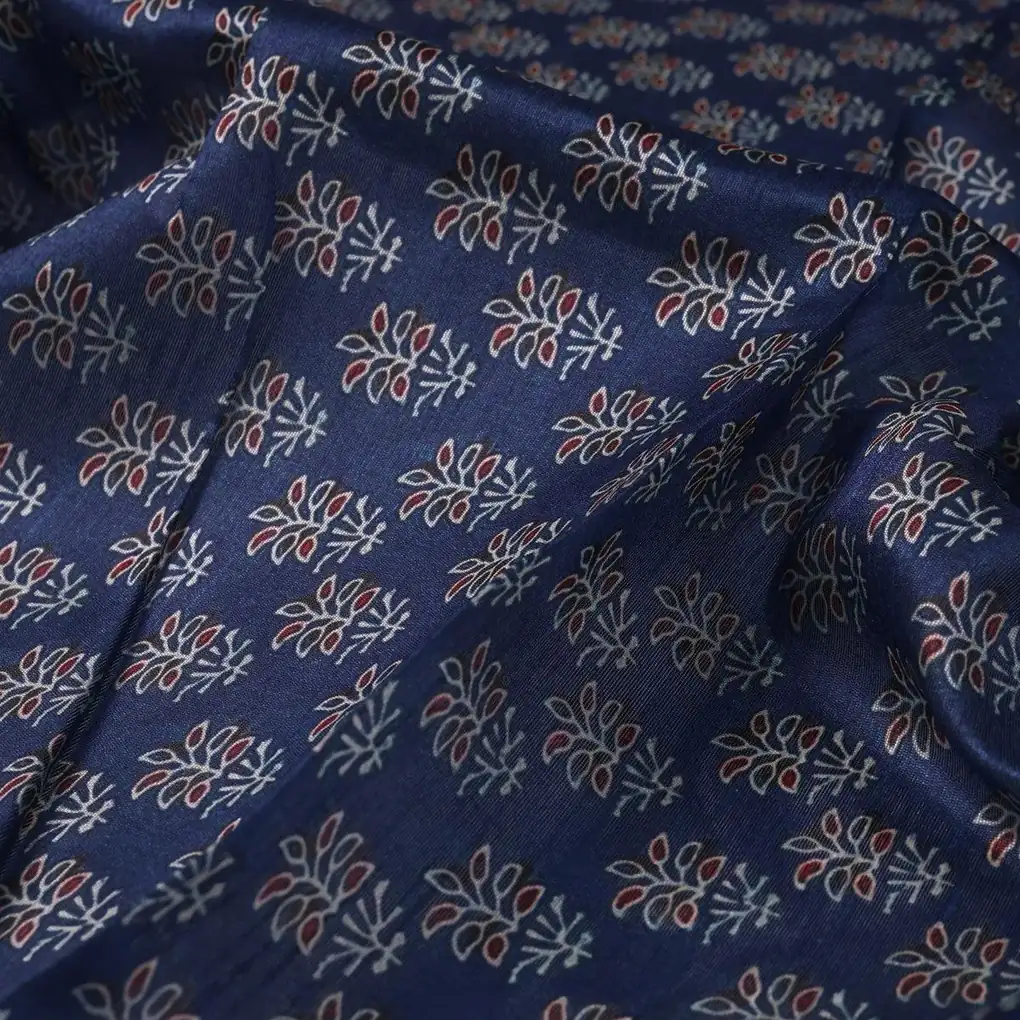 Lovely Blue Port Tree Leaves Digital Printed Fabric - Tusser Silk - Image 3