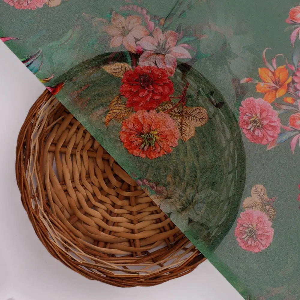 Lovely Chrysanthemum With Multi Flower Printed Fabric - Pure Georgette - Image 2