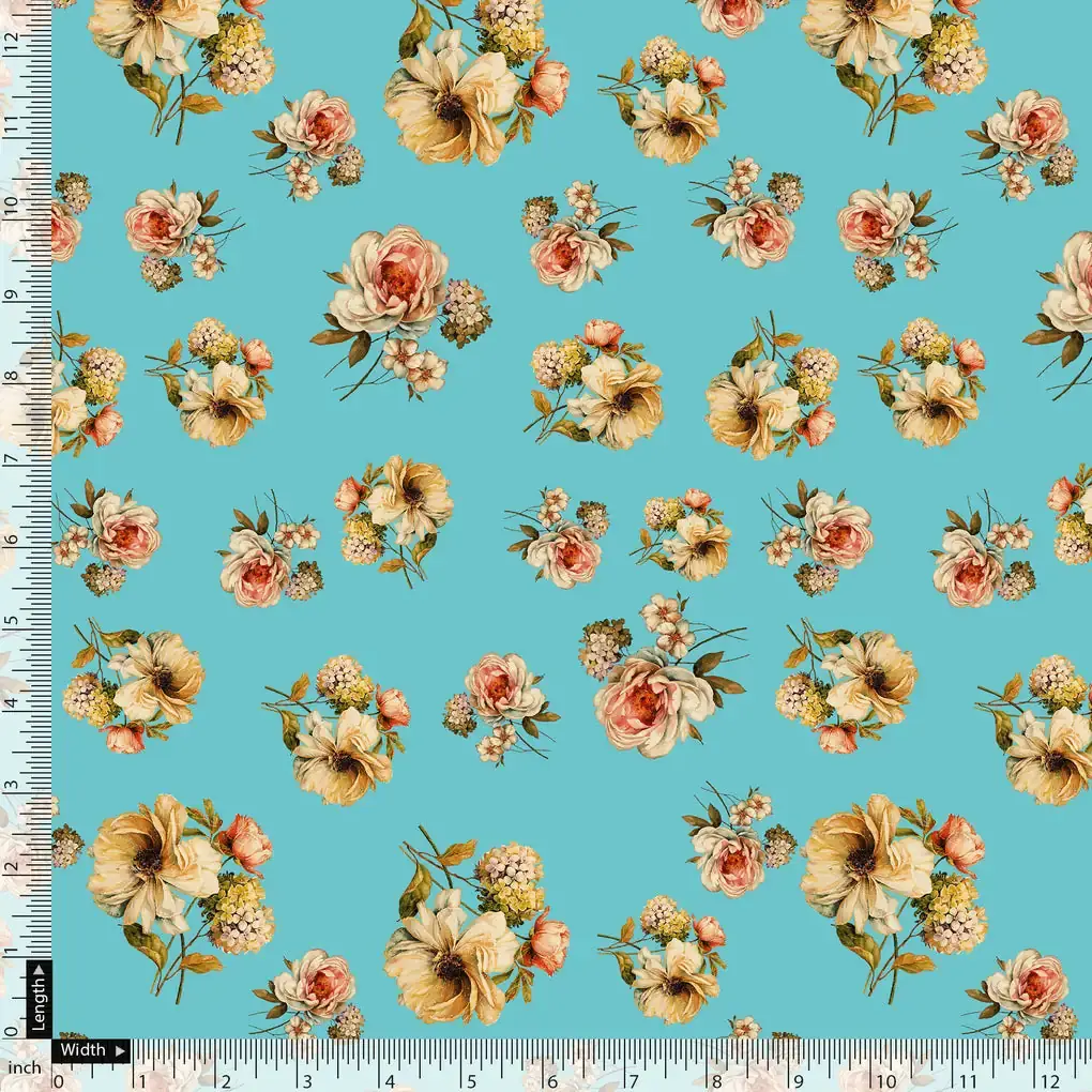 Lovely Periwinkle Flower With Blue Turquoise Digital Printed Fabric - Image 5