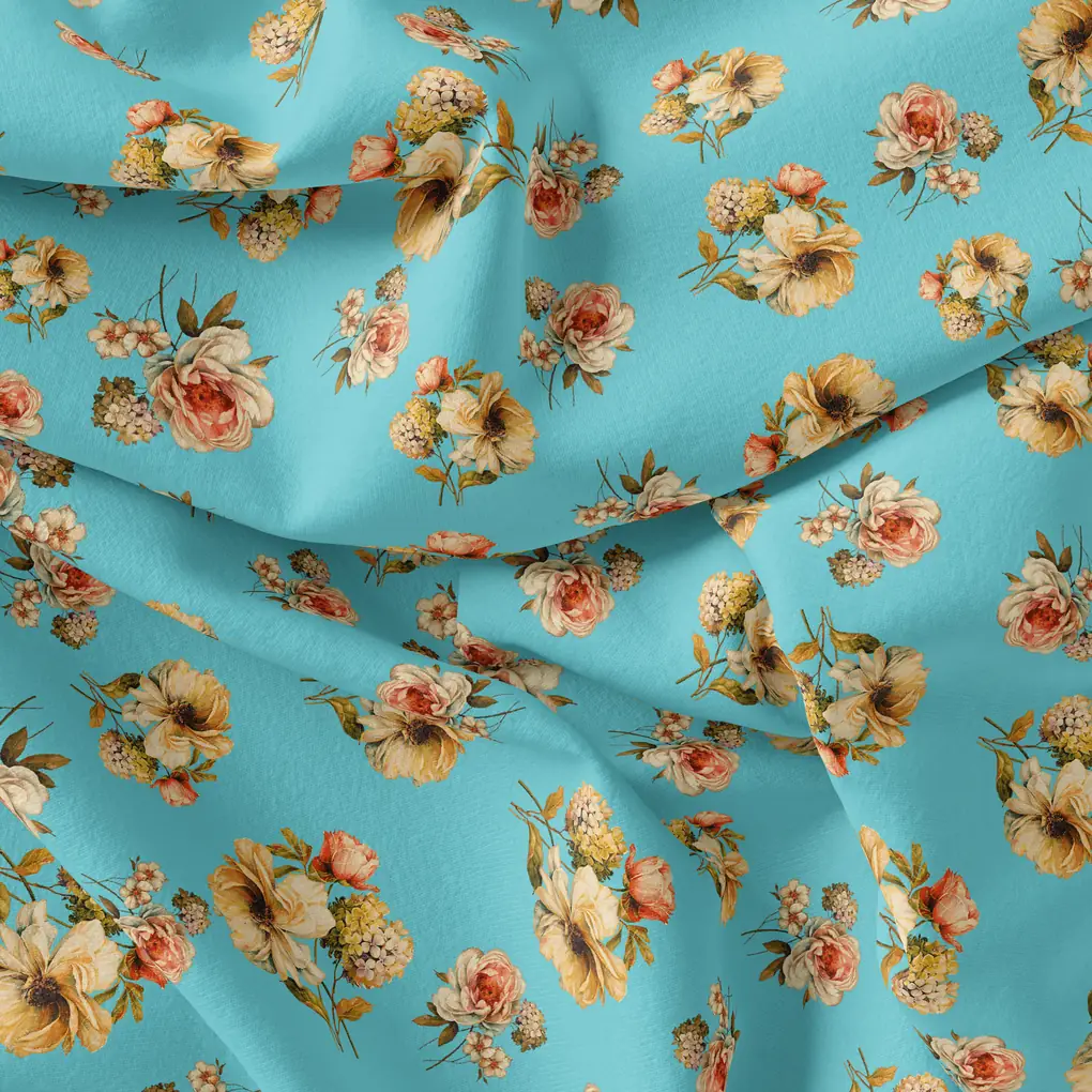 Lovely Periwinkle Flower With Blue Turquoise Digital Printed Fabric - Japan Satin - Image 4