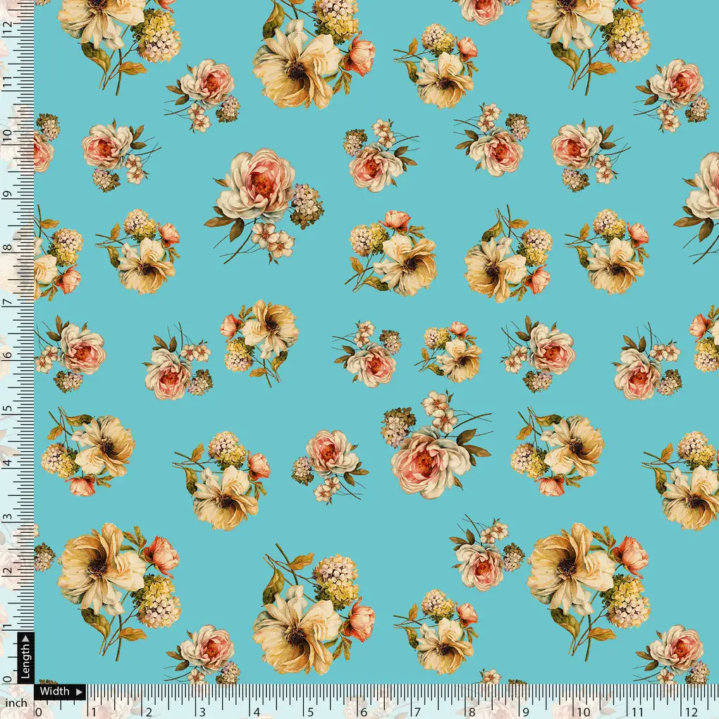 Lovely Periwinkle Flower With Blue Turquoise Digital Printed Fabric - Japan Satin - Image 5