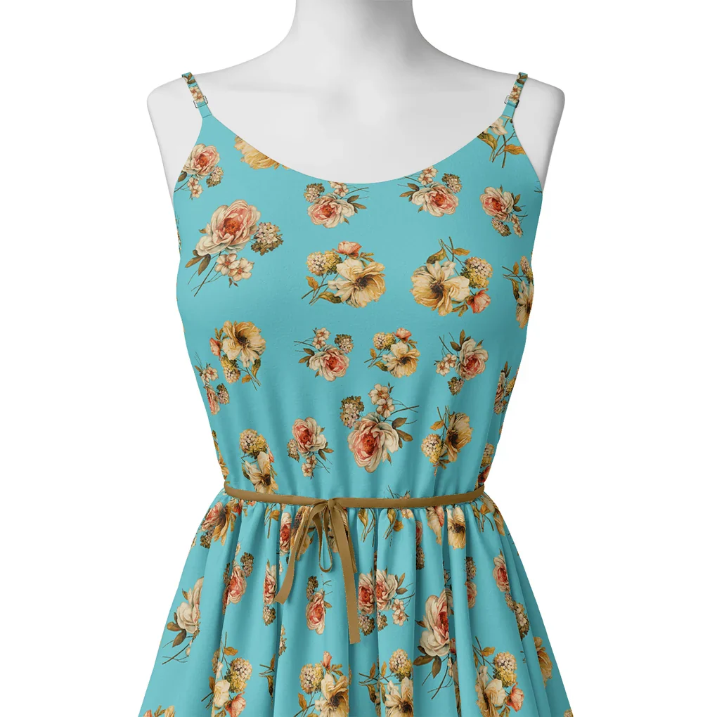 Lovely Periwinkle Flower With Blue Turquoise Digital Printed Fabric - Pure Cotton - Image 2