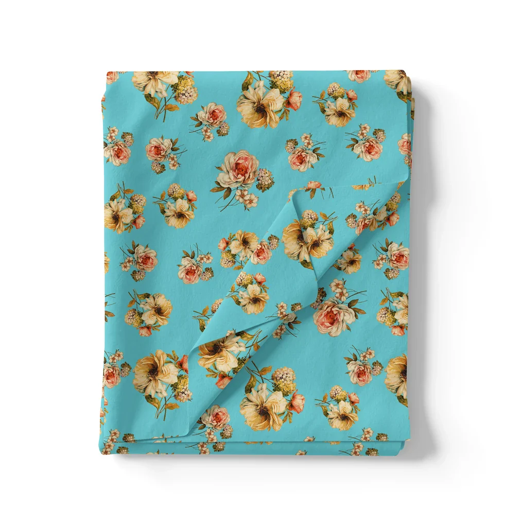 Lovely Periwinkle Flower With Blue Turquoise Digital Printed Fabric - Pure Cotton - Image 3