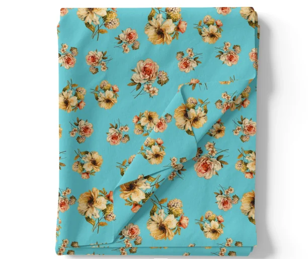 Lovely Periwinkle Flower With Blue Turquoise Digital Printed Fabric - Pure Georgette - Image 3