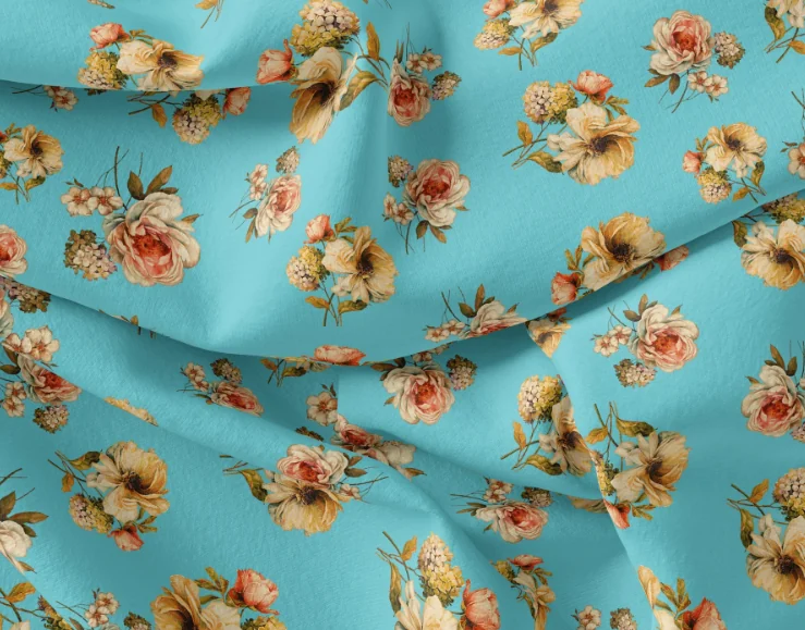 Lovely Periwinkle Flower With Blue Turquoise Digital Printed Fabric - Pure Georgette - Image 5