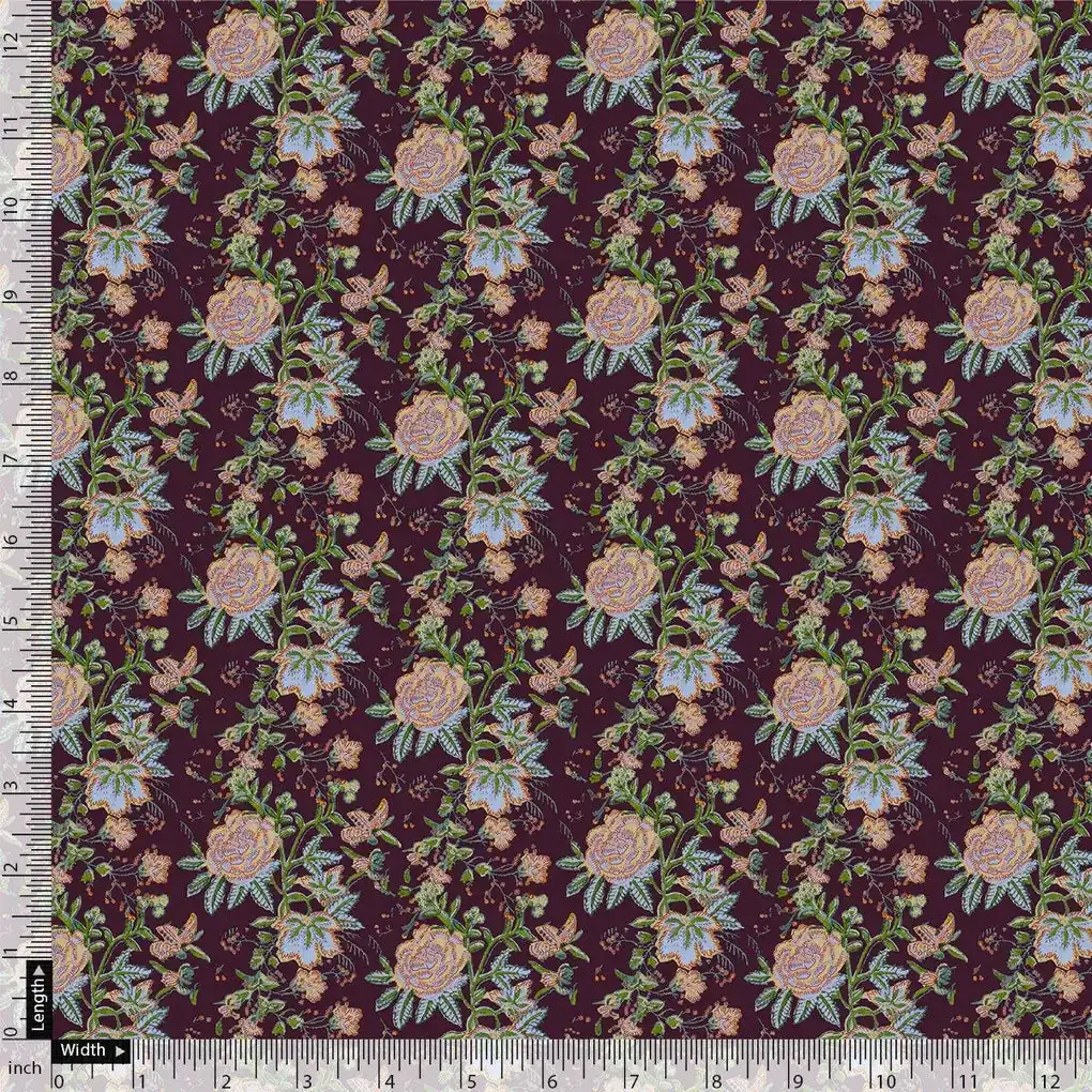 Lovely Roses Embroidery Brunch Digital Printed Fabric - Japan Satin - Image 4