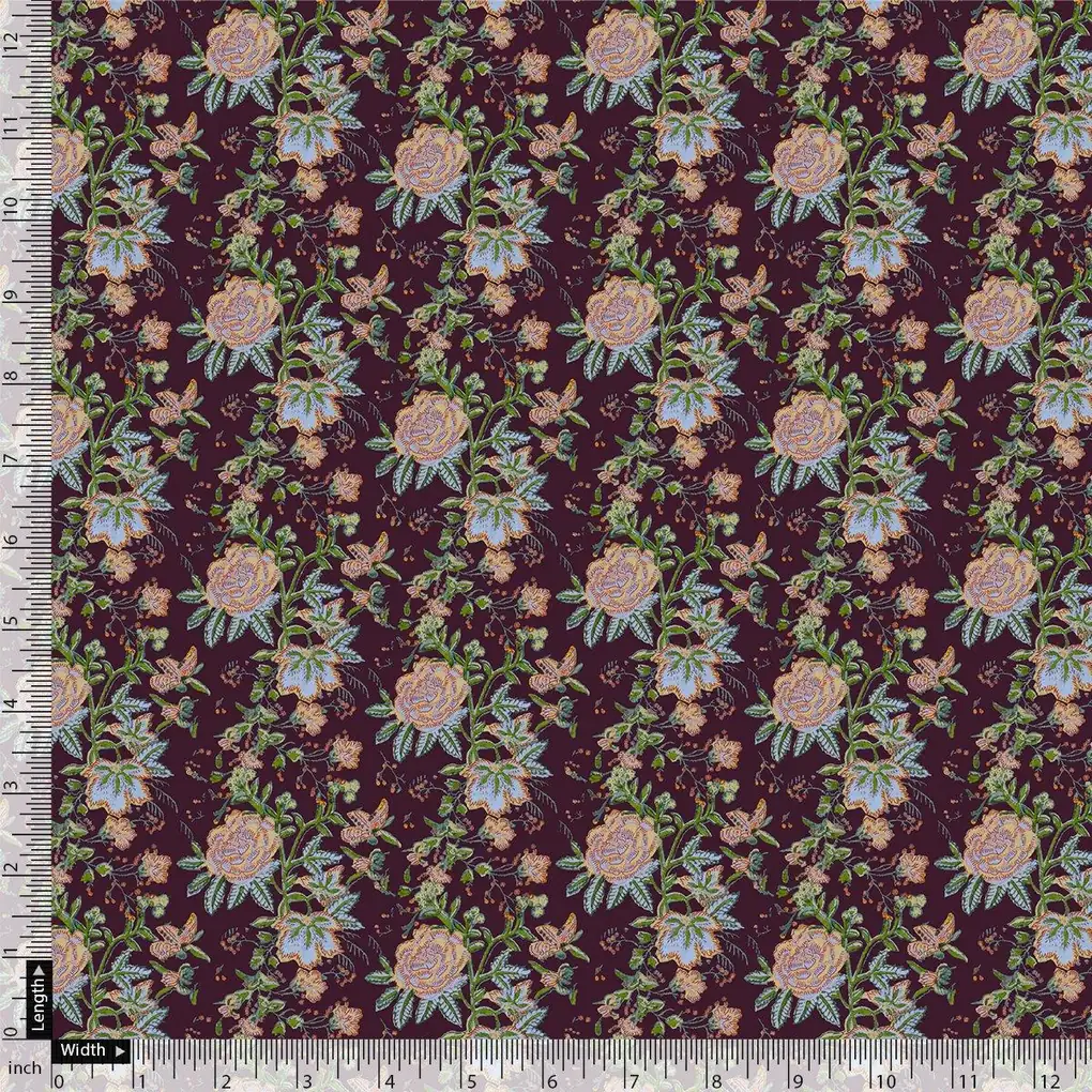 Lovely Roses Embroidery Brunch Digital Printed Fabric - Upada Silk - Image 4