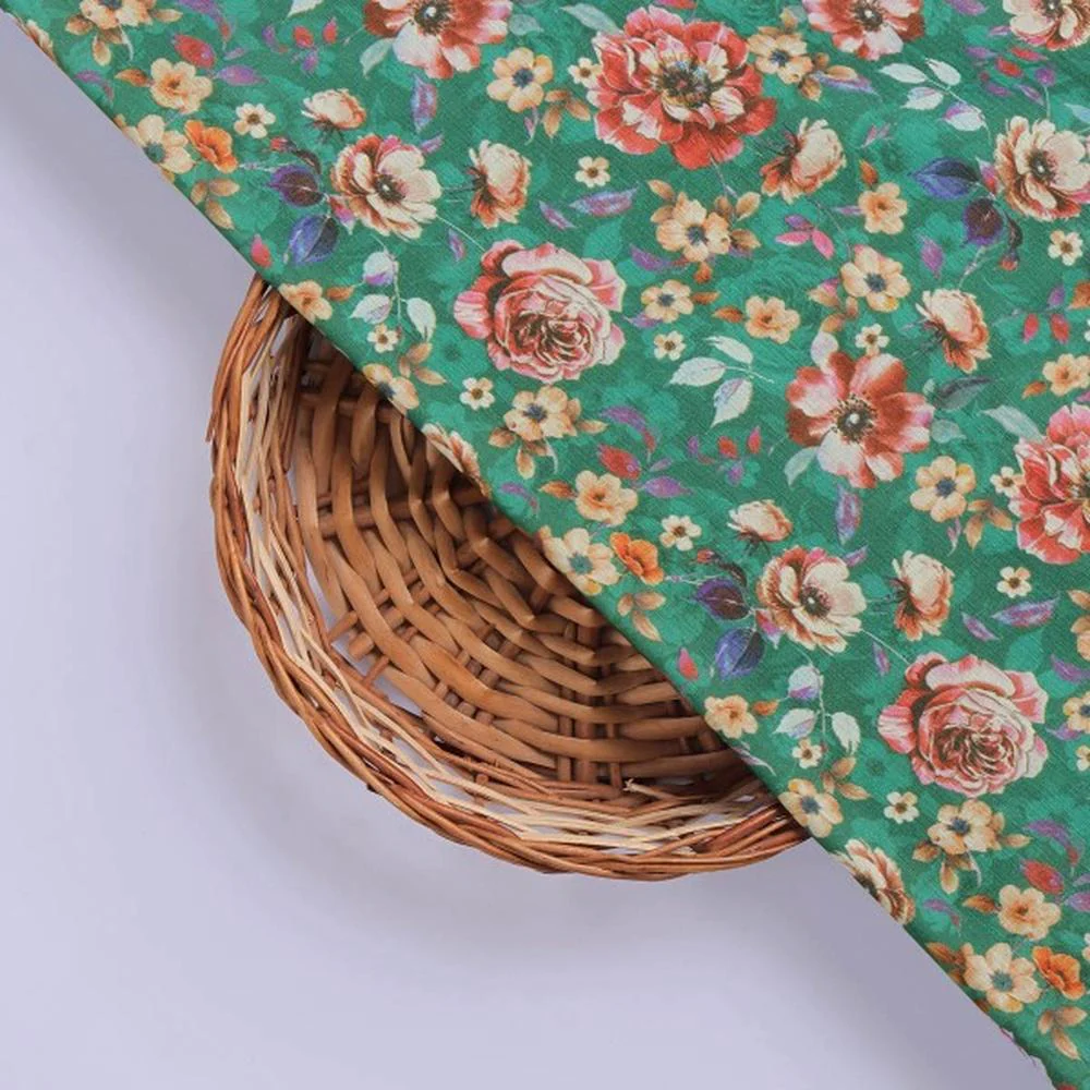 Lush Green & Coral Rose Floral Print Muslin Fabric - Image 2