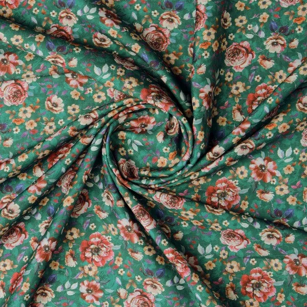 Lush Green & Coral Rose Floral Print Muslin Fabric - Image 3