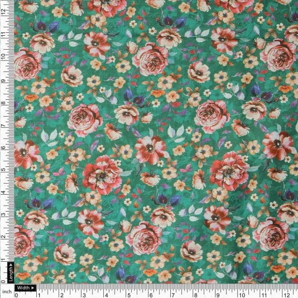 Lush Green & Coral Rose Floral Print Muslin Fabric - Image 4