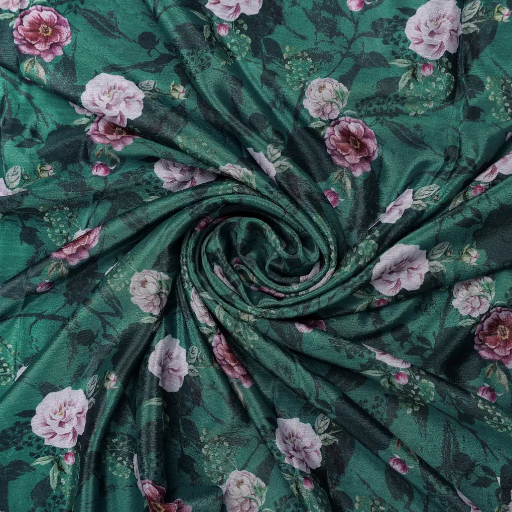 Lush Green & Pink Floral Garden Printed Chinon Fabric - Image 2