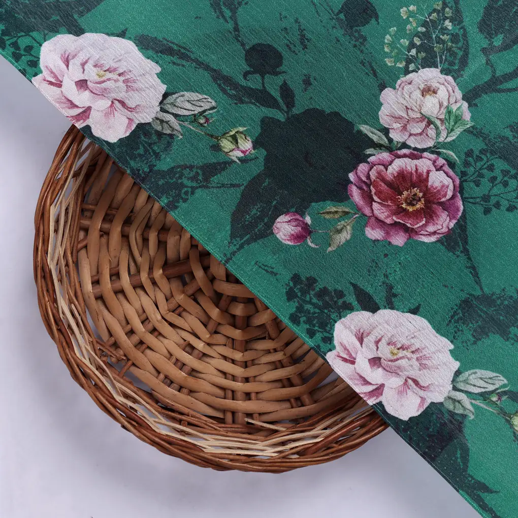 Lush Green & Pink Floral Garden Printed Chinon Fabric - Image 3