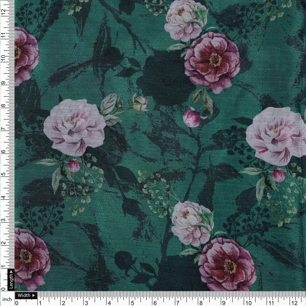 Lush Green & Pink Floral Garden Printed Chinon Fabric - Image 4