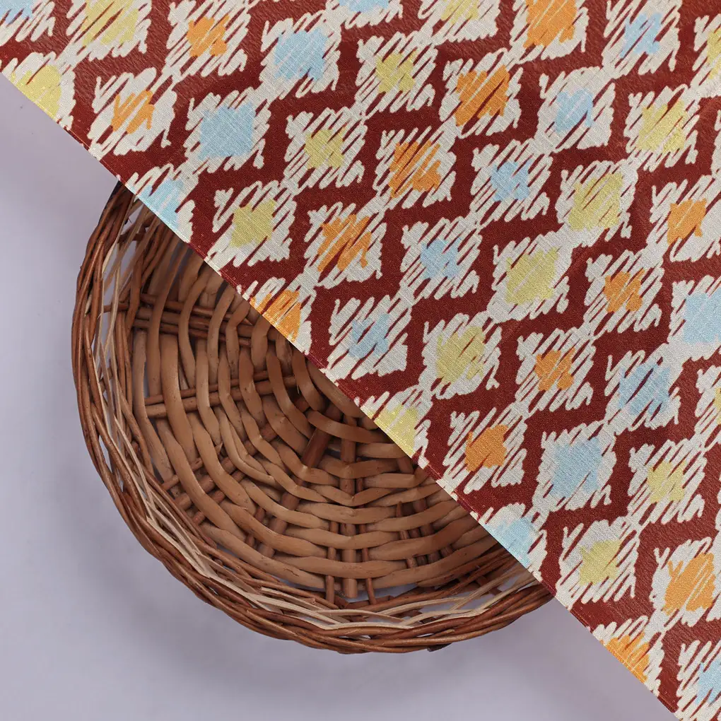 Maroon and Multi Ikat Zigzag Pattern Chinon Fabric - Image 2