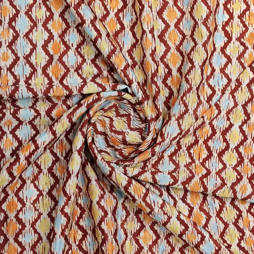 Maroon and Multi Ikat Zigzag Pattern Chinon Fabric - Image 3