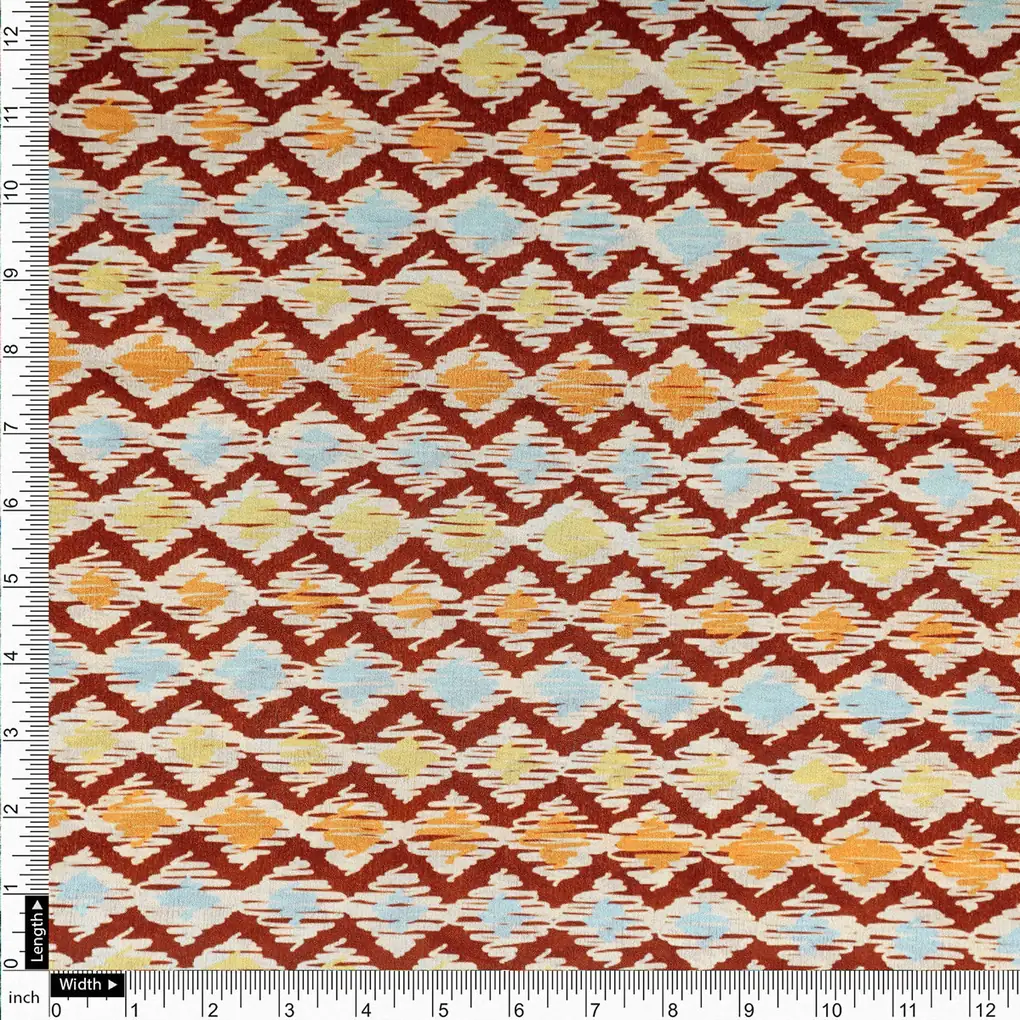 Maroon and Multi Ikat Zigzag Pattern Chinon Fabric - Image 4