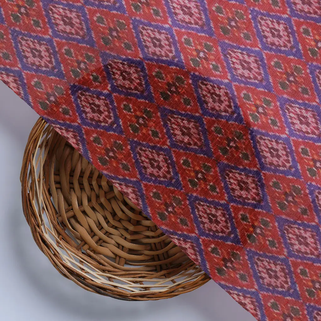 Maroon Ikat-Patola Type Pattern Design Printed Fabric - Image 3