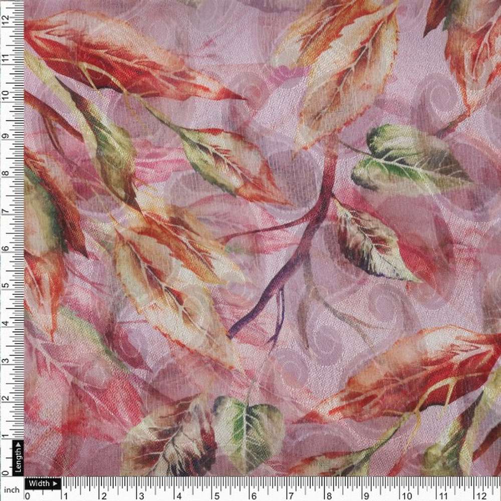 Mauve Autumnal Leaves Digital Print Brasso Fabric - Image 4
