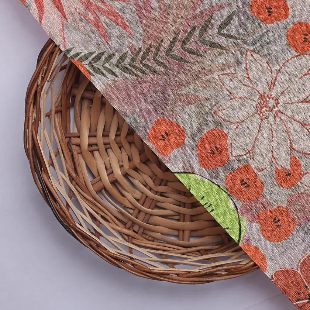 Mauve & Coral Floral and Kiwi Printed Chinon Fabric - Image 2