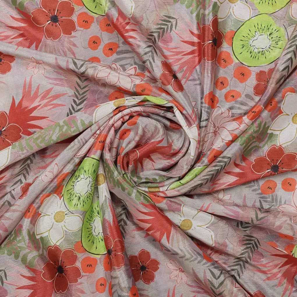 Mauve & Coral Floral and Kiwi Printed Chinon Fabric - Image 3
