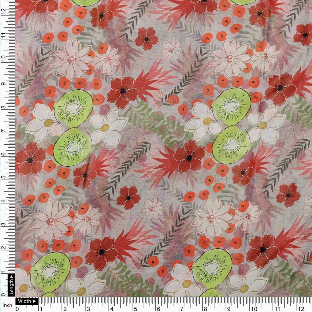 Mauve & Coral Floral and Kiwi Printed Chinon Fabric - Image 4