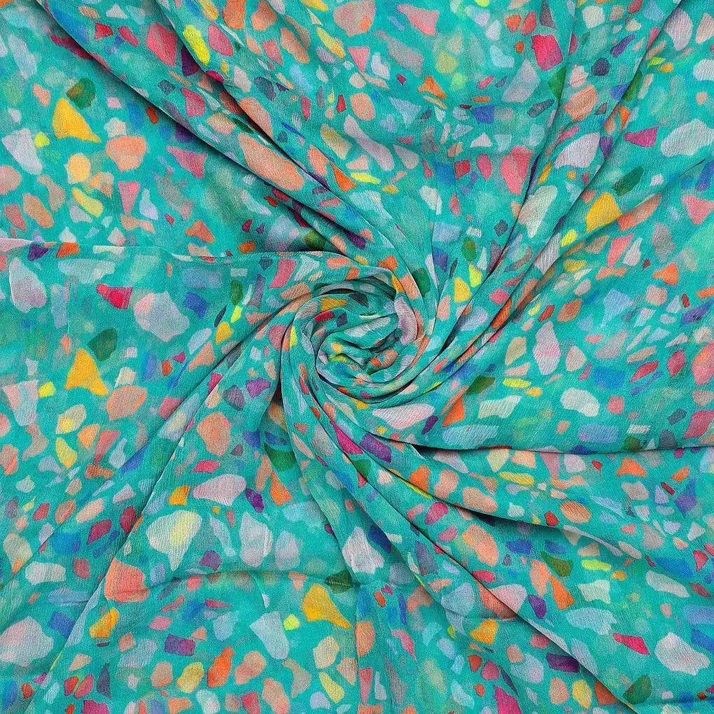 Medium Turquoise Abstract Printed Pure Chiffon Fabric - Image 4