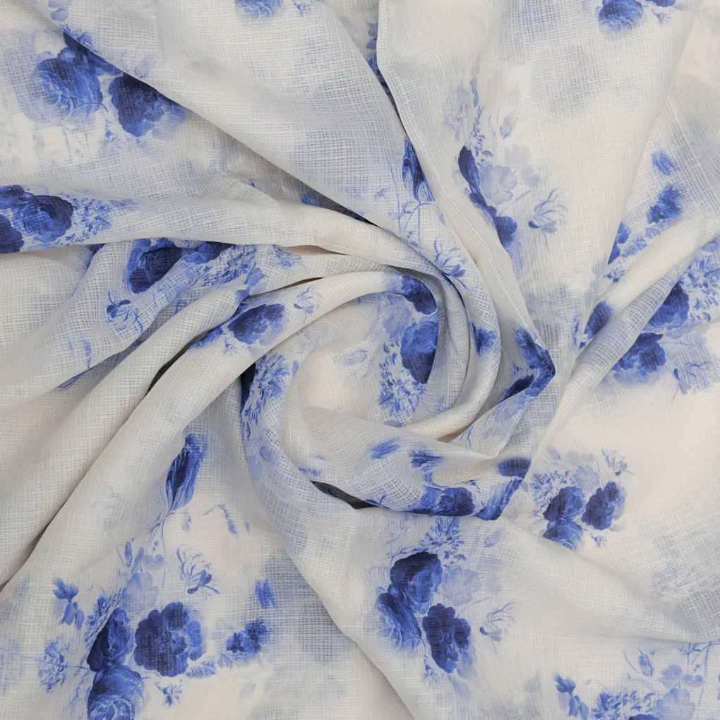 Mesmerizing Blue and Cream Floral Kota Doria Digital Printed Fabric Material - Image 3