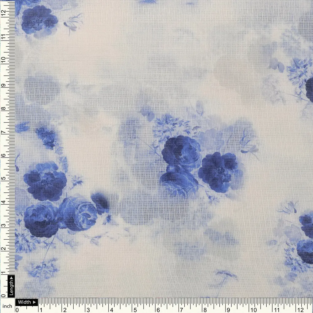 Mesmerizing Blue and Cream Floral Kota Doria Digital Printed Fabric Material - Image 4