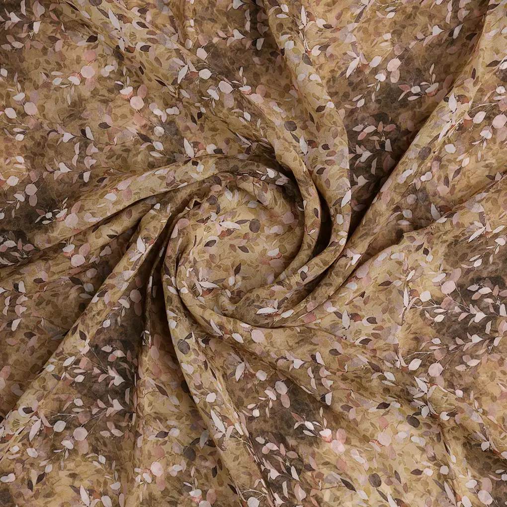 Metallic Bronze Leaves Pure Georgette Printed Fabric Material - Image 2