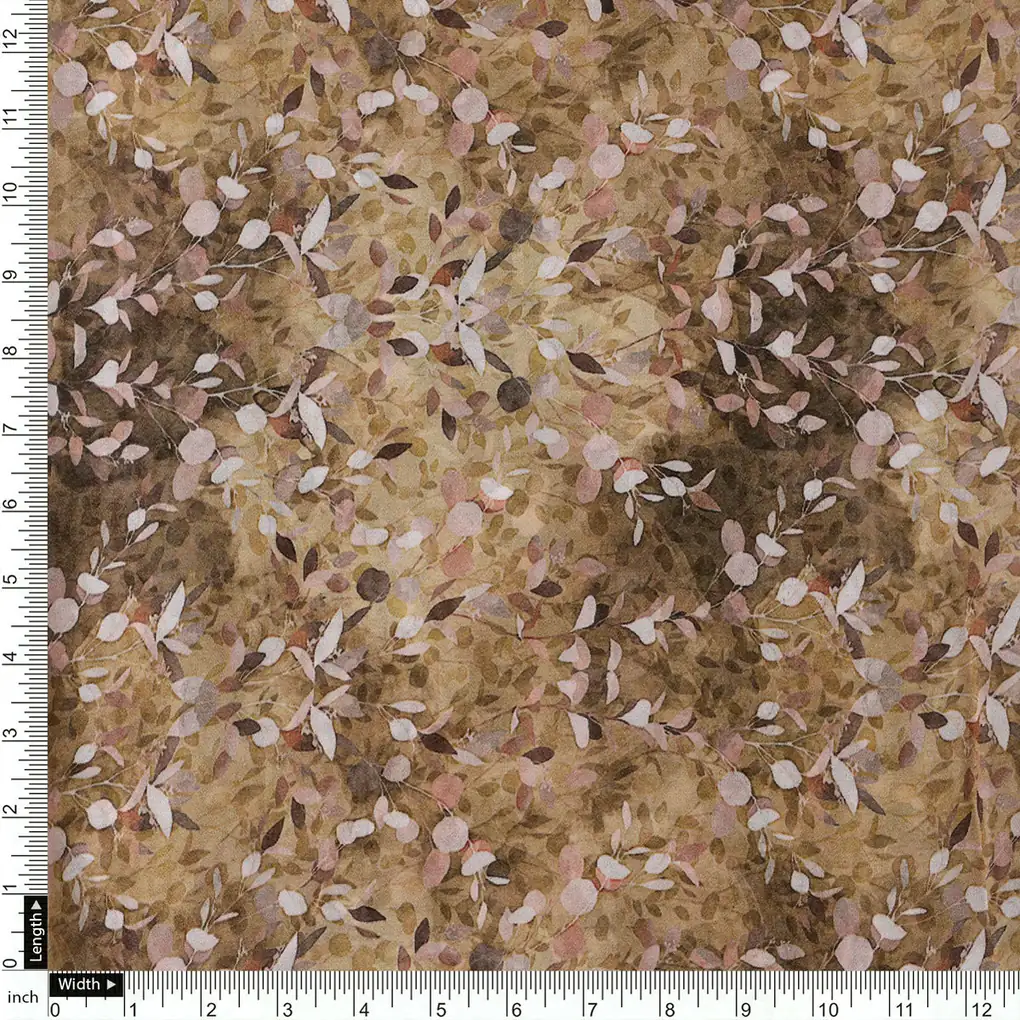 Metallic Bronze Leaves Pure Georgette Printed Fabric Material - Image 4