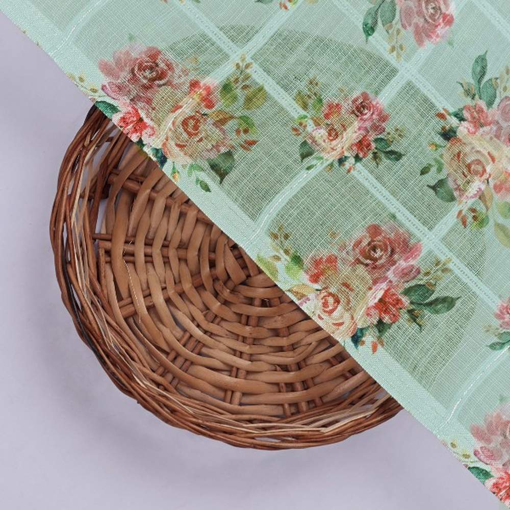 Mint Green Floral Printed Linen Fabric - Image 3